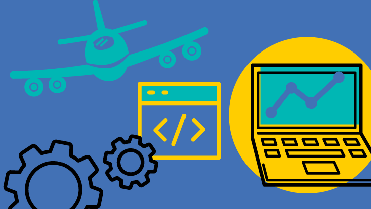 A graphic illustration representing business and industry. Illustration includes an airplane, gears, computer code, and a laptop.
