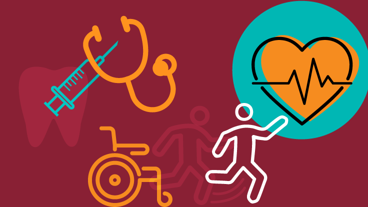 A graphic illustration representing health. Illustration includes a syringe, tooth, stethoscope, wheelchair, person running, and heart.