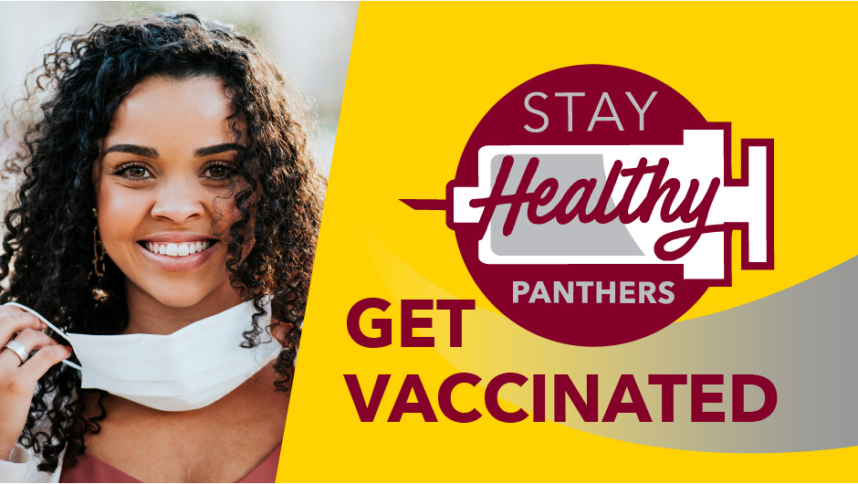 Stay Healthy Panthers logo with text that reads Get Vaccinated