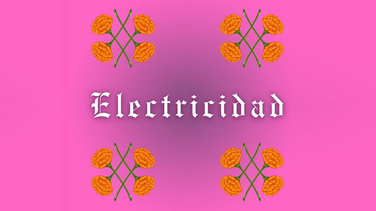 A pink background with white word: Electricidad with four flower shapes