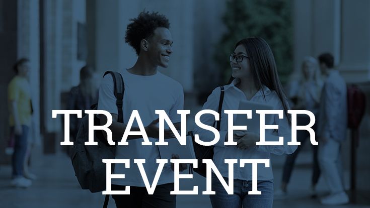 Two students walking on campus with the words Transfer Event